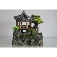 Large Detailed Old Pagoda House & Plants 19 x 14 x 22 cms