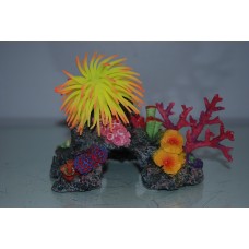 Aquarium Coral with Yellow & Orange Anemone On Coral Rock 16 x 10 x 12 cms