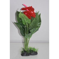 Aquarium Large 30 cms Plastic Plants With Budding Red Flowers & Weighted Base