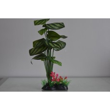 Aquarium Tall Green Silk Plant with Added Flowers On Weighted Base 10 x 6 x 28 cms